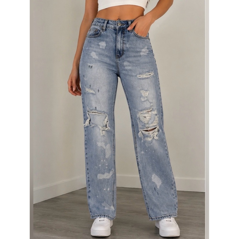 PACSUN Distressed High-Waisted Straight-Leg Jeans"‎